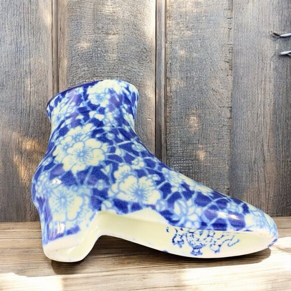 Vintage Victorian Era Inspired Ceramic Boot Shoe Planter Small Vase Floral Blue - Picture 2 of 13